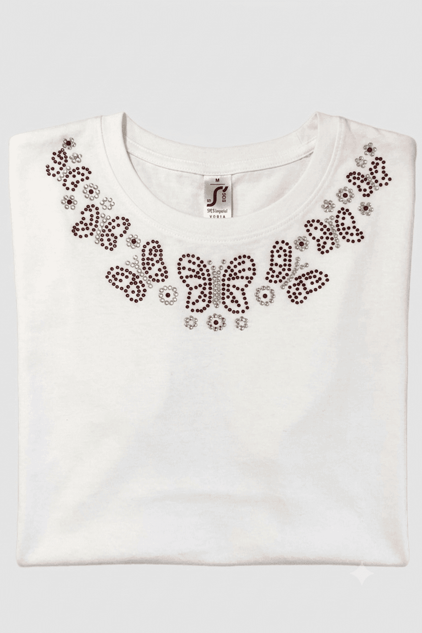 Tee shirt blanc strass col papillon