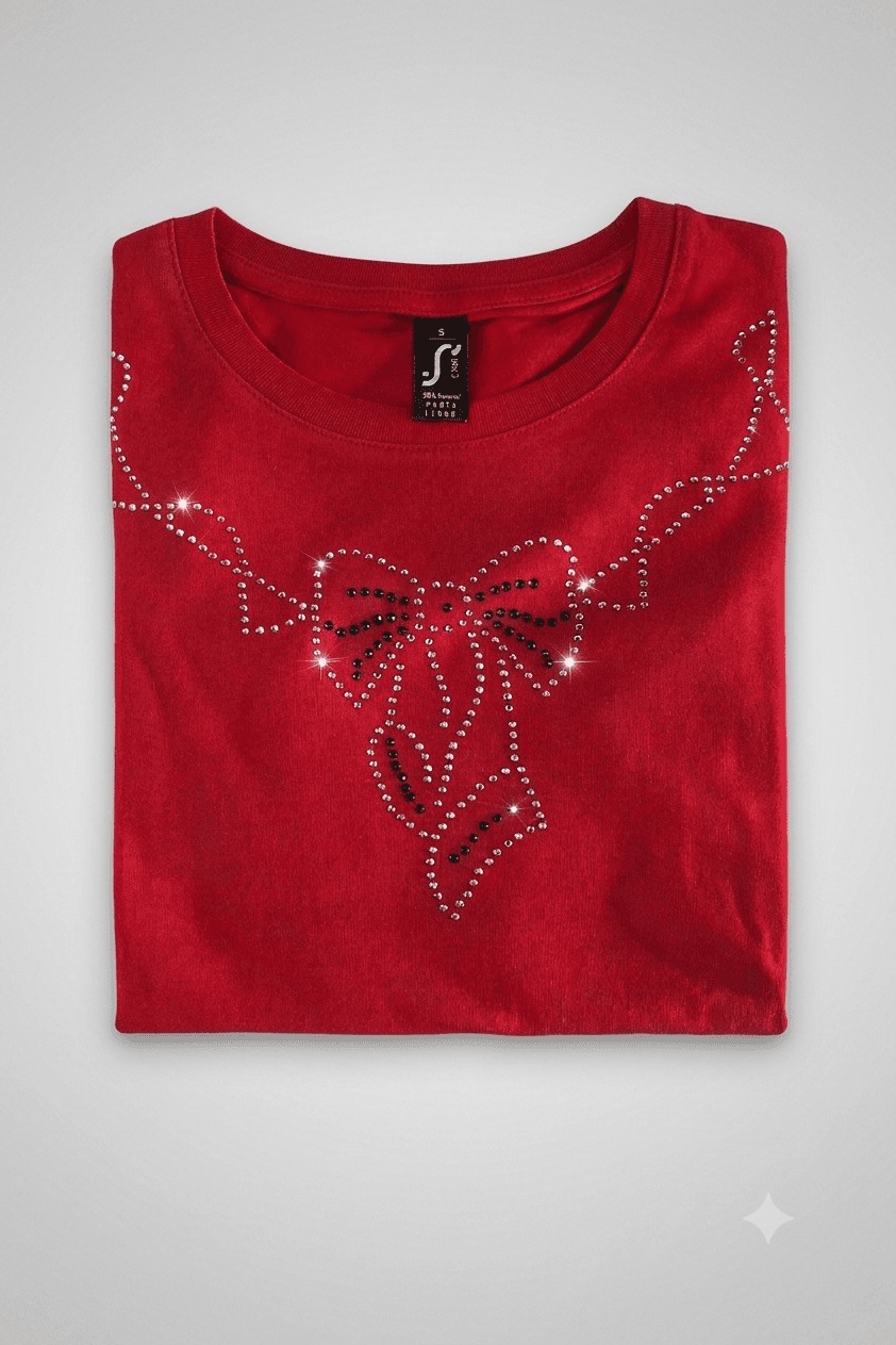 Tee-shirt rouge strass noeud