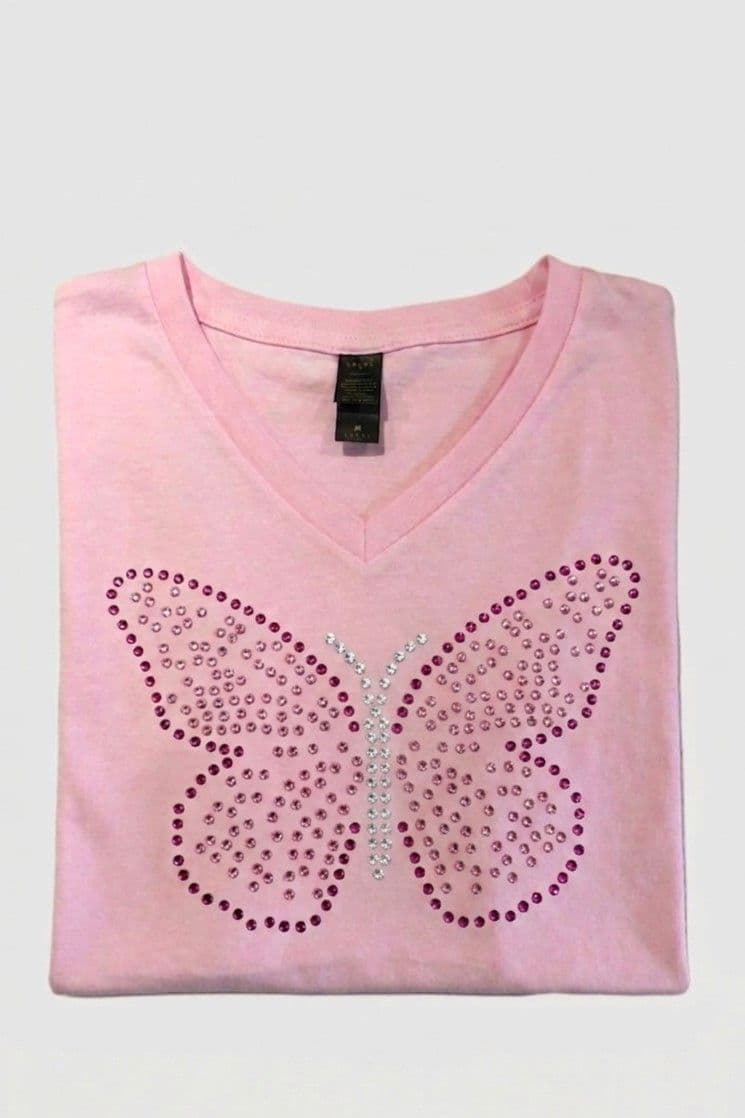 Tee shirt rose strass papillon