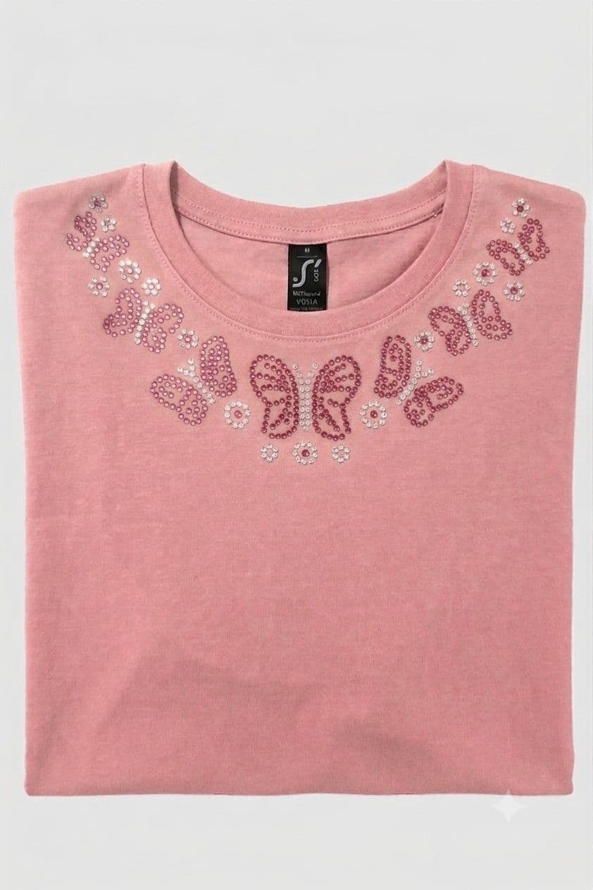 Tee-shirt rose strass col papillon