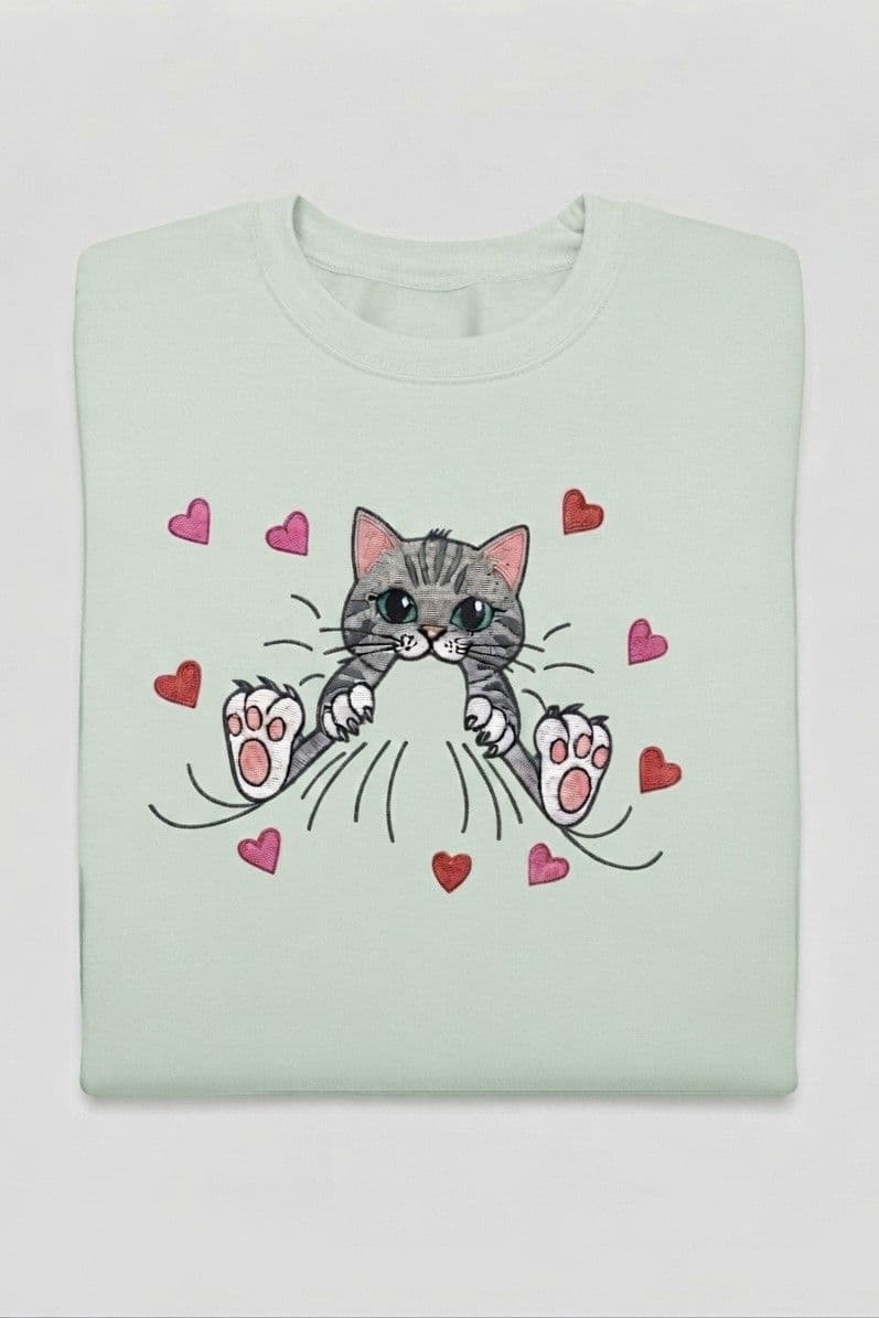 Sweat brodé chat vert pâle
