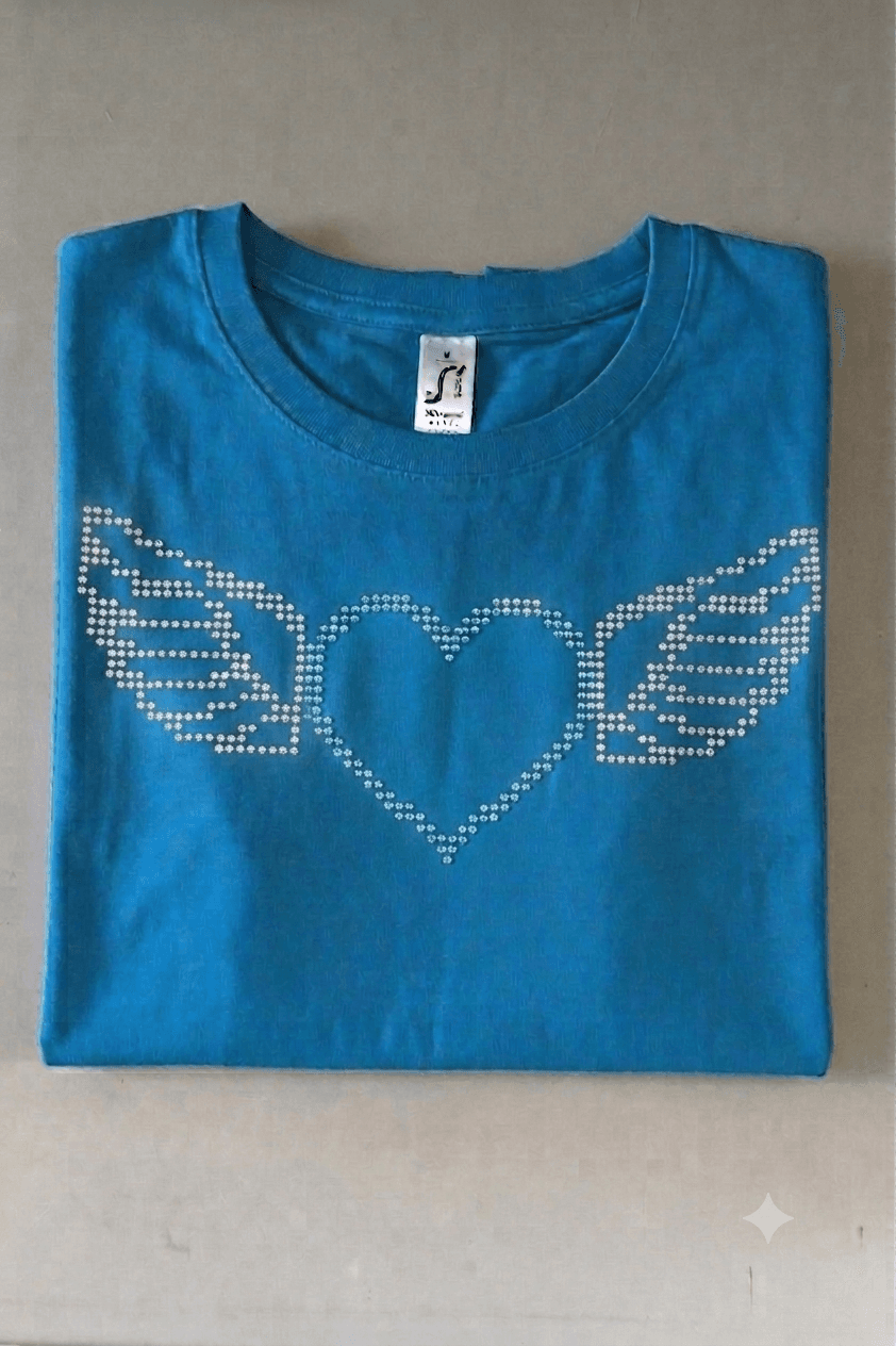 Tee-shirt bleu roi strass coeur avec ailes