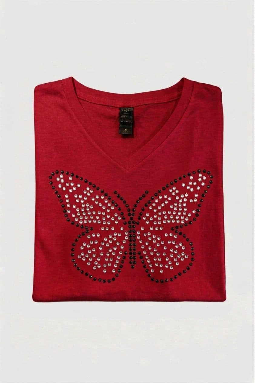 Tee-shirt rouge strass papillon
