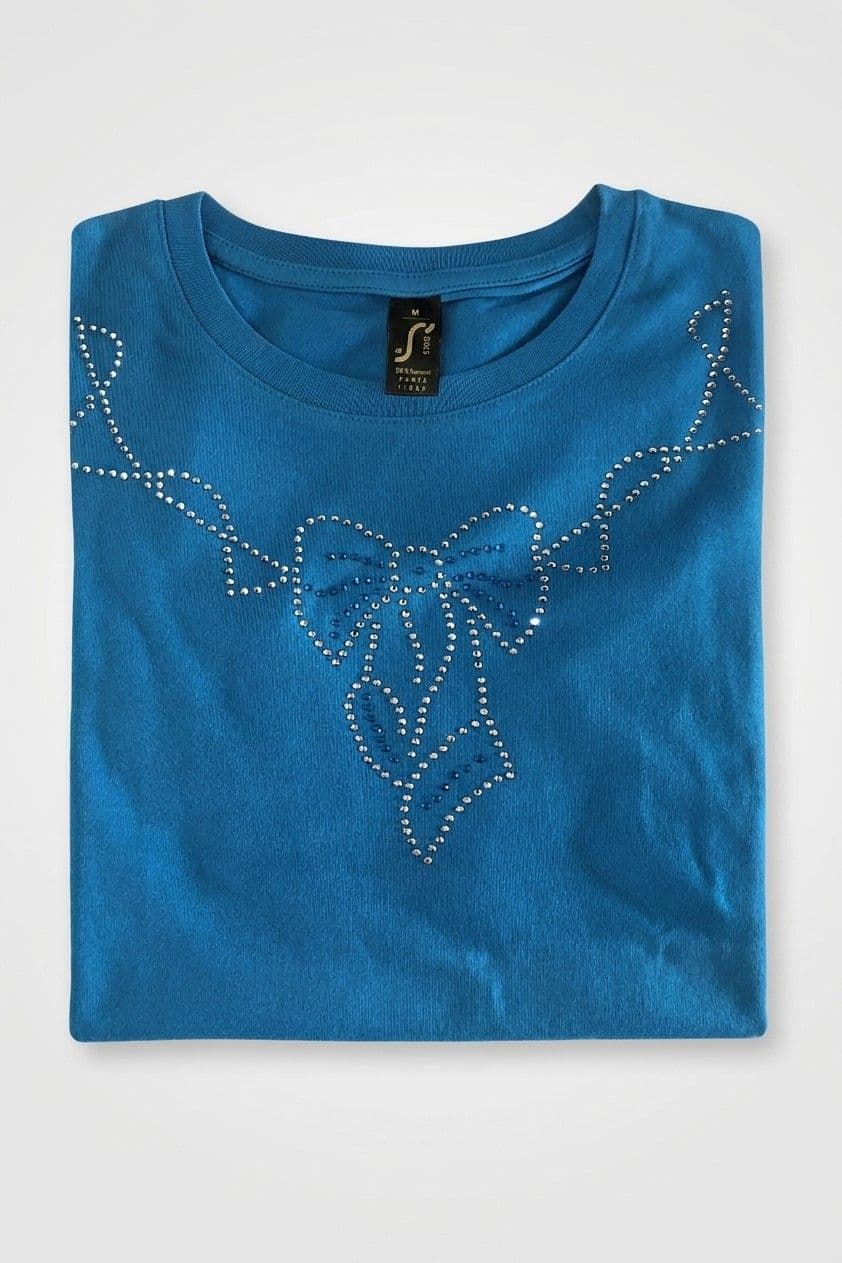 Tee-shirt bleu strass noeud